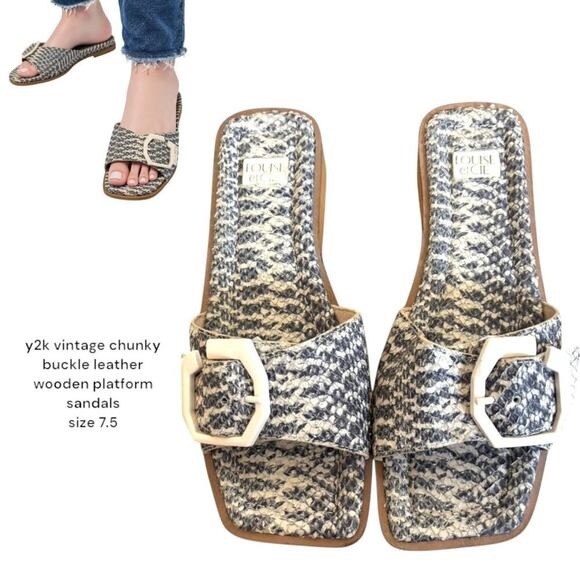 Y2K VINTAGE‎ 2000'S CHUNKY WOODEN BUCKLE SANDALS 7.5 - Picture 1 of 7